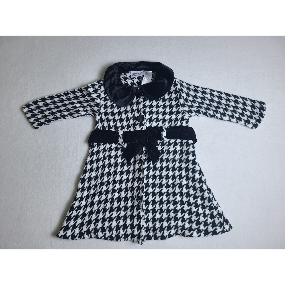 VTG Blueberi Boulevard Dress 18M Black White Houndstooth Velvet Bow Retro